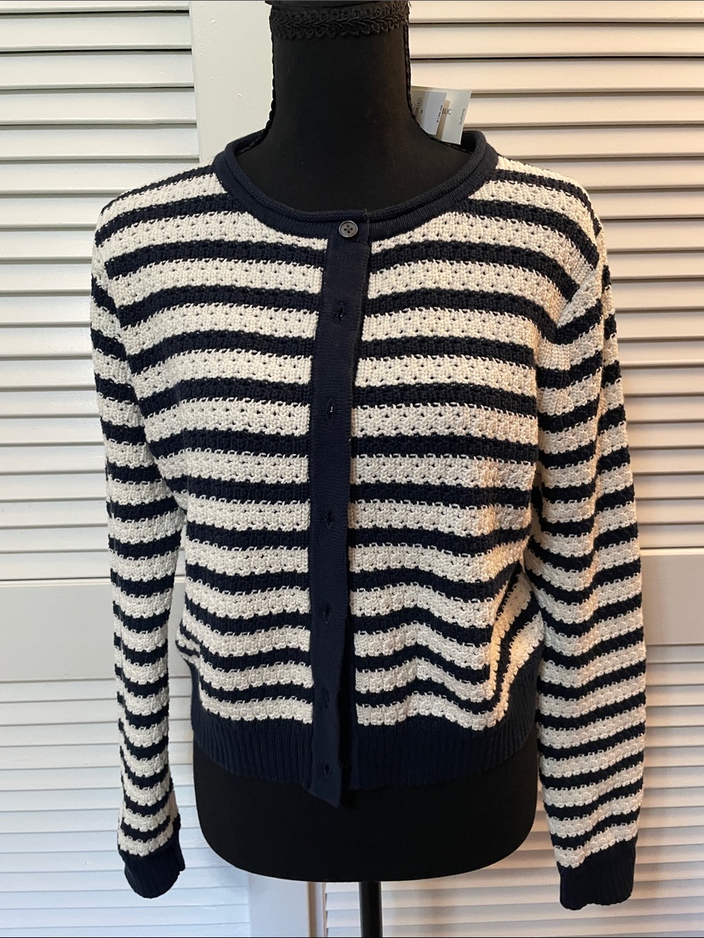 Banana Republic Navy and Cream Striped Crochet Button Cardigan